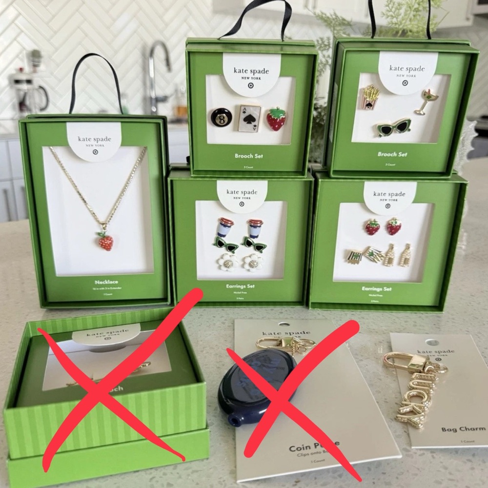 Kate Spade Target Brooch and Earring Set with Bag Charms